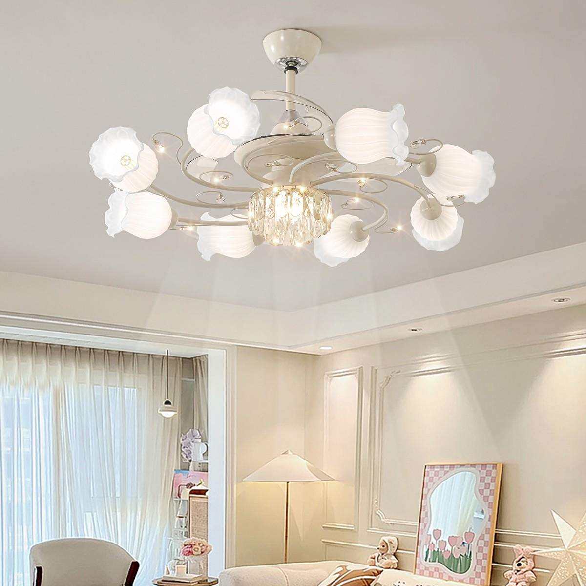 法式奶油风水晶客厅隐形风扇吊灯玻璃灯罩新款护眼餐厅卧室灯具