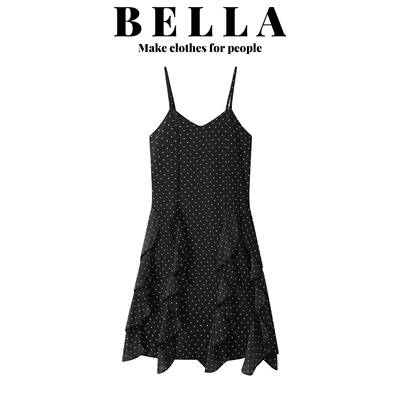 BELLA黑色波点荷叶边吊带连衣裙女夏季气质不规则海边度假a字短裙