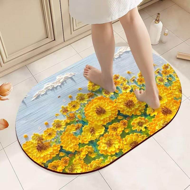 3D油画浴室垫家用卫生间进门吸水地垫防滑硅藻泥厕所垫植物花卉