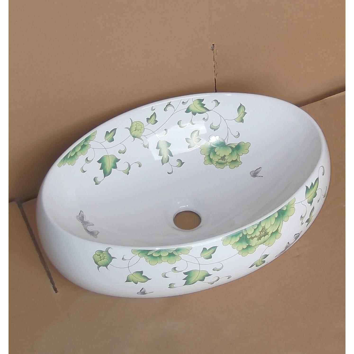金枝绿花红花鹅蛋形陶瓷艺术盆台盆243B