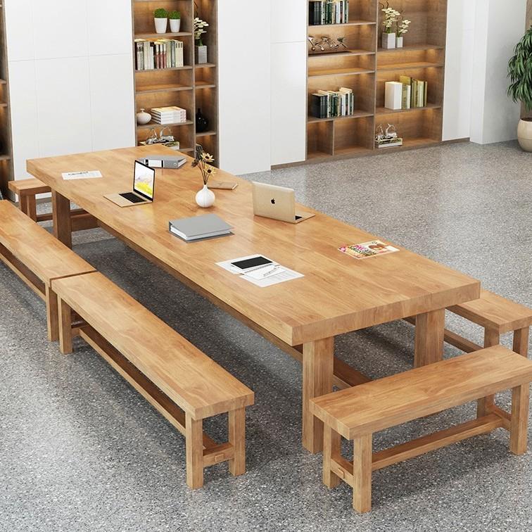 简约loft长方形实木会议桌椅组合图书馆长桌北欧原木教工食堂饭桌