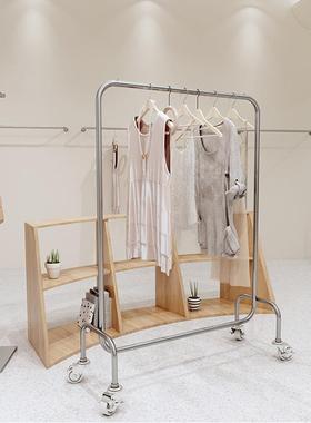 服装店展示架落地不锈钢中岛架男女装店货架直播间带轮子挂衣架子