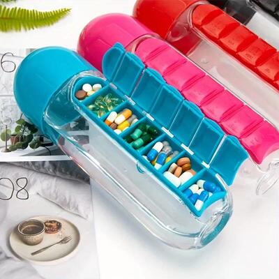Portable Water Bottle With Built-in Pill Box for Medicines,