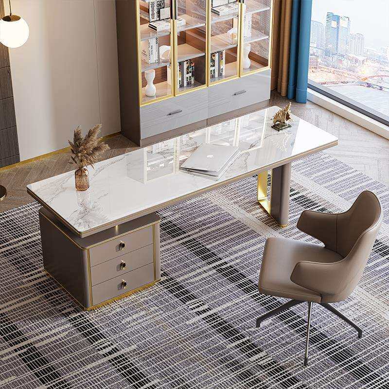 岩板书桌轻奢现代简约办公桌书房家用电脑桌不锈钢钛金设计感书桌