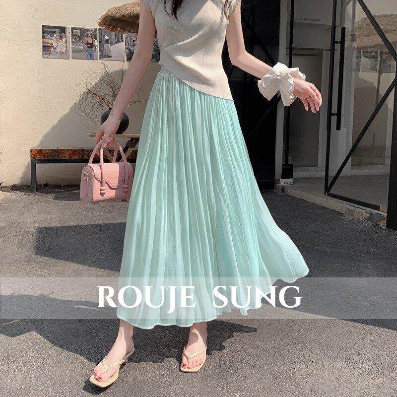 ROUJE SUNG~薄荷绿流光纱半身裙女夏季多巴胺高腰垂感a字百褶长裙