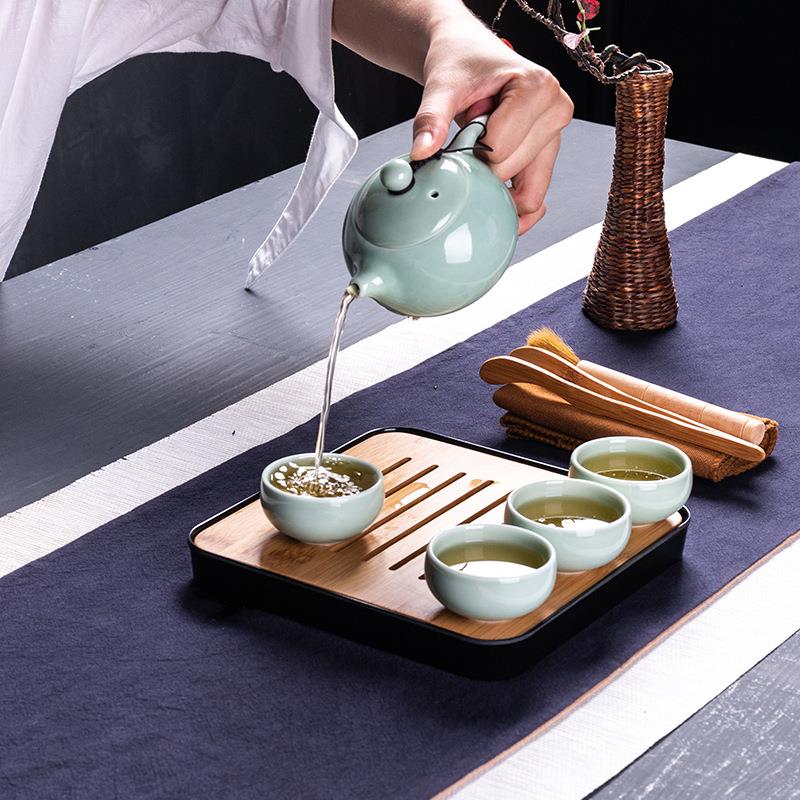 新款直销定窑一壶四杯旅行茶具套装青瓷德化陶瓷茶壶密胺茶盘礼品