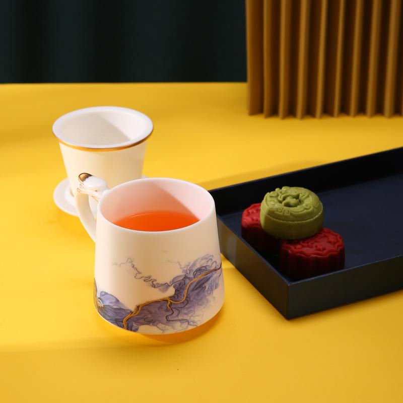 德化羊脂玉手绘白瓷茶水分离办公室泡茶杯描金带把盖过滤高档陶瓷