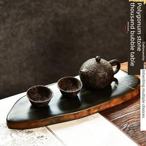 安徽连兴天然原石断头台砚台金光晕金皮革雕花茶盘断头台可达豪华