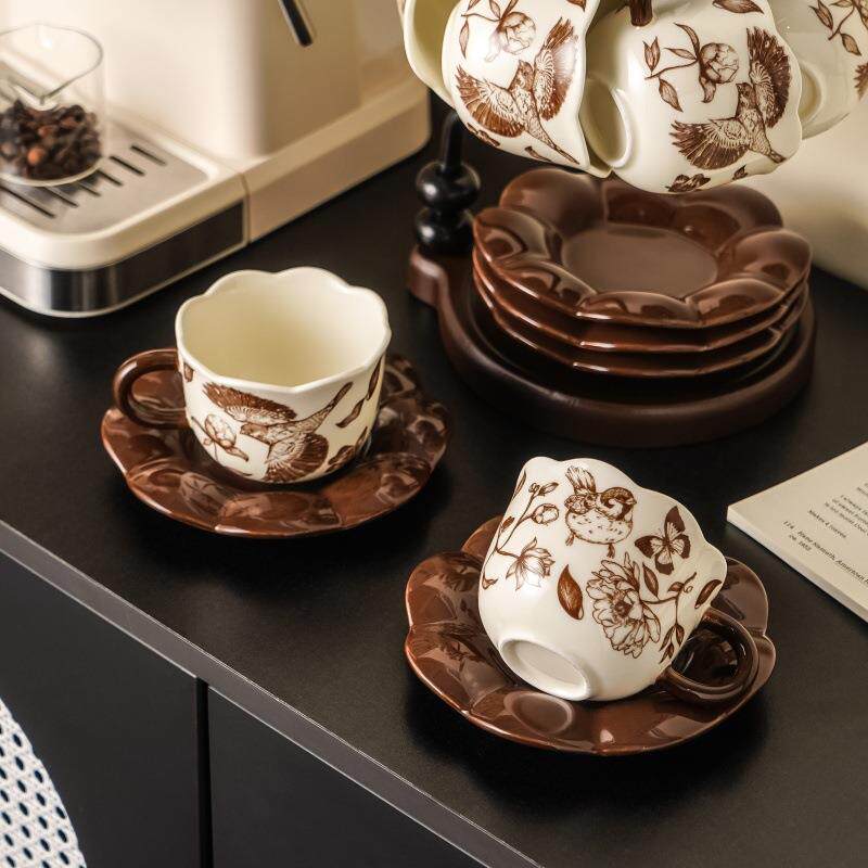 田园花卉咖啡杯碟套装带收纳架家用下午茶杯子高颜值陶瓷水具套装