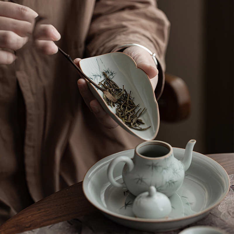风宜长物手绘竹子茶则茶拨两件套陶瓷茶荷功夫茶具配件茶道六君子