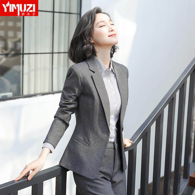 灰色职业西装套装女春秋高端正装女士前台气质工作服工装西服外套