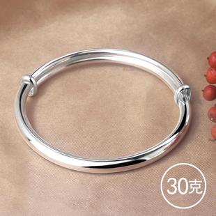 正品 宽面饰光面心实手镯推拉纯银镯子送妈妈 9手9银手镯女年轻9款