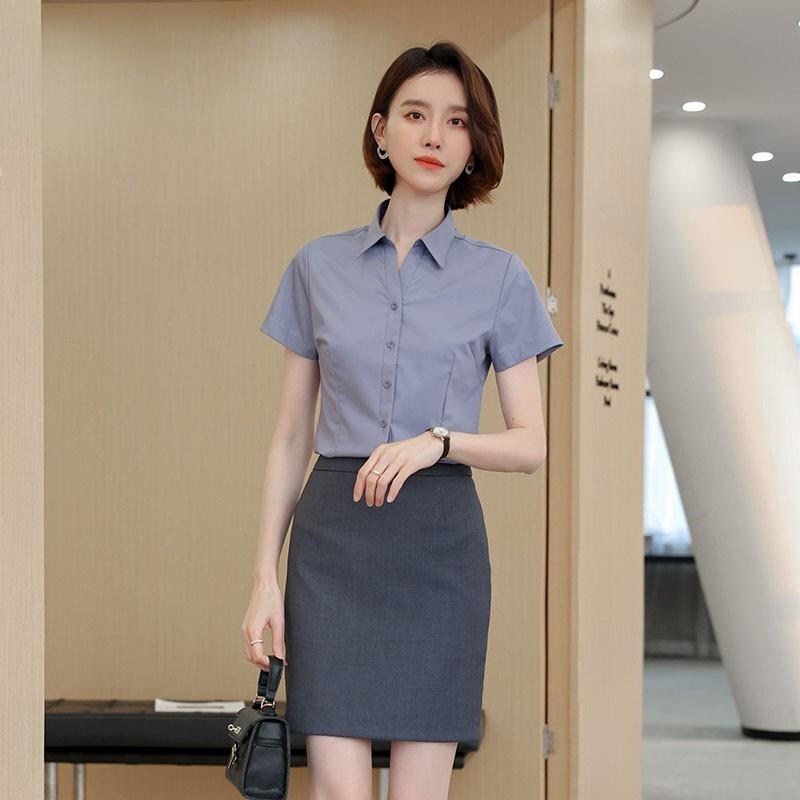 高级感竹纤维男女同款职业装衬衫短袖套装夏季工作服套裙刺绣LOGO
