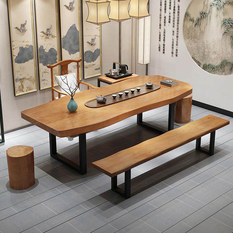 新中式实木泡茶桌办公室不规则茶台桌椅组合茶馆铁艺茶桌新中式风