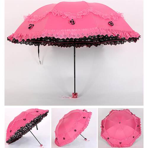 正品遮阳伞防晒抗UV雨伞女用雨折叠黑晴胶蕾丝两公主遮阳洋伞女神