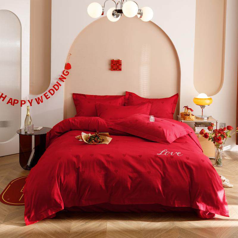 简约款结婚长绒棉四件套红色被套婚庆全棉被套床上用品双人床单