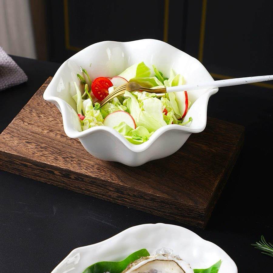 日韩创意纯白陶瓷碗卷边酱料碟港式甜品水果沙拉碗花形雪糕布丁碗