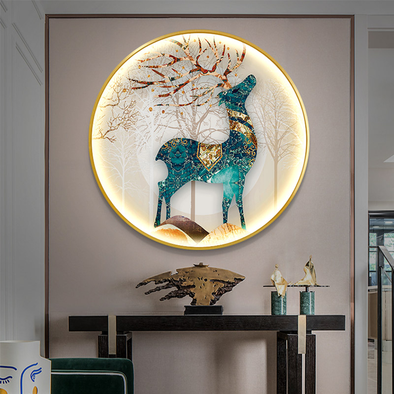 轻奢现代发财麋鹿装饰画LED圆形发光灯画新中式入户玄关对门壁画图片