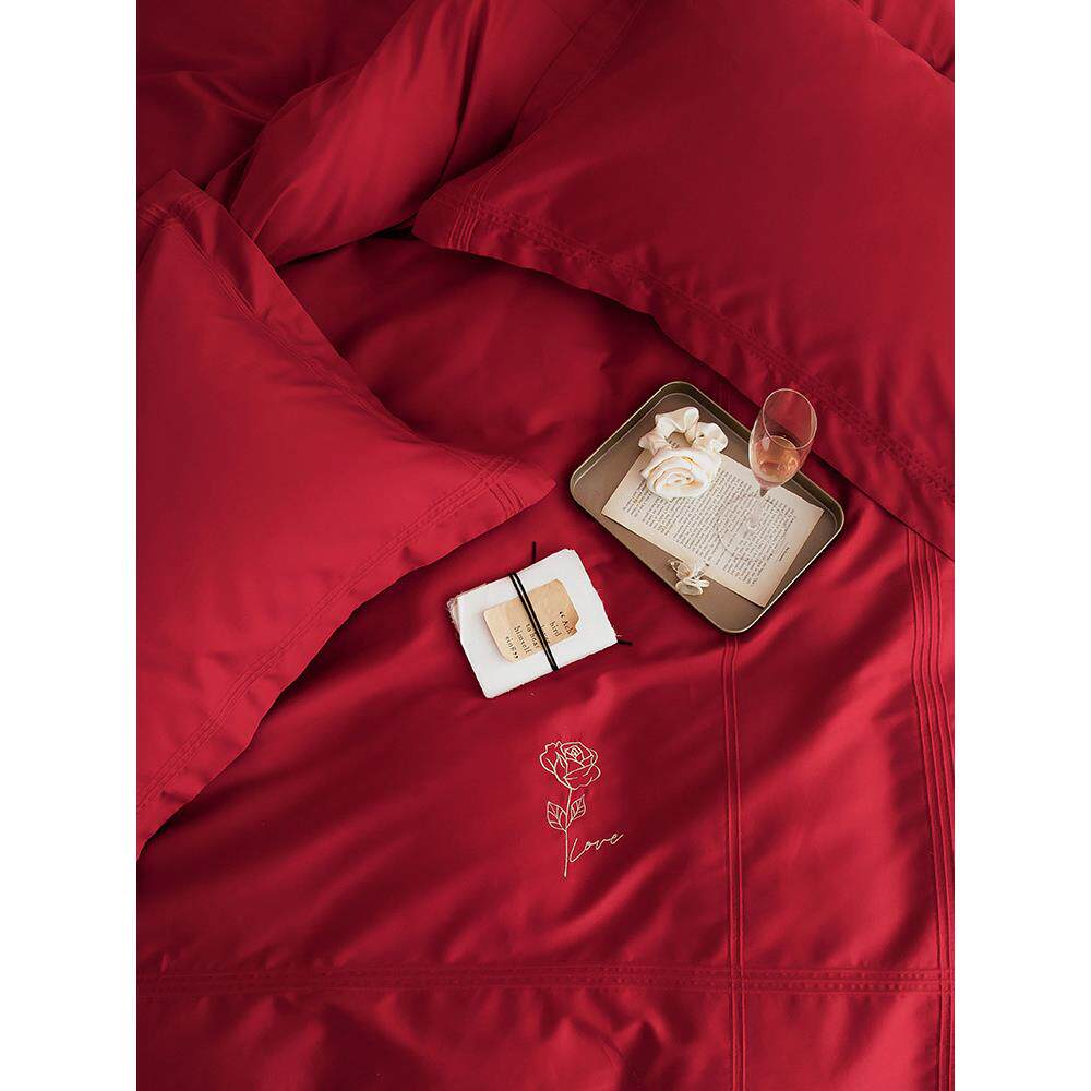 B9K轻奢00支F7668M68全棉婚庆K四件套简玫婚瑰刺绣纯棉结大红色被