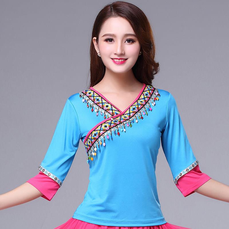 春夏新款女子广场舞服装,乳丝带花边民族风格舞蹈服装,表演练习