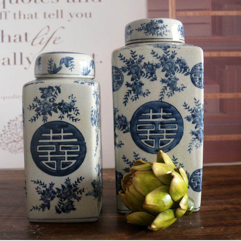 陶瓷青花瓷裂纹釉储物罐喜字罐中国风软装陶瓷摆件