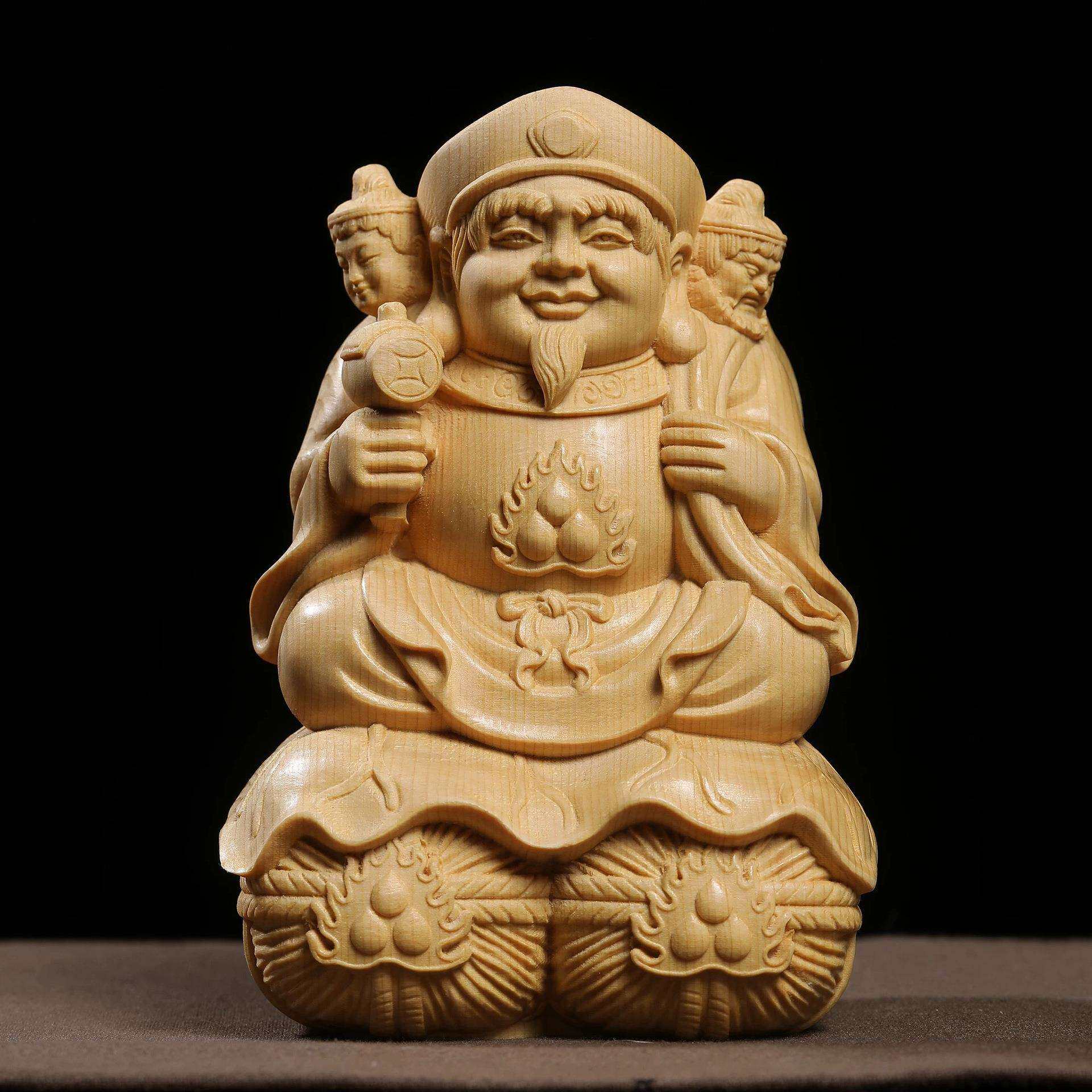 桧木精雕三面大黑天菩萨七福财神摆件 家居玄关佛门护法神装饰品