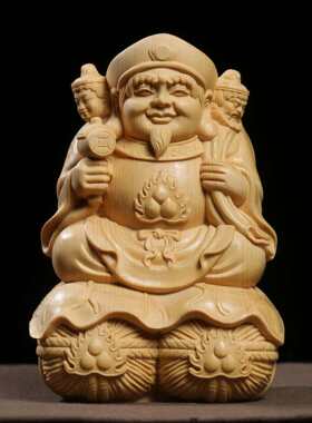 桧木精雕三面大黑天菩萨七福财神摆件 家居玄关佛门护法神装饰品