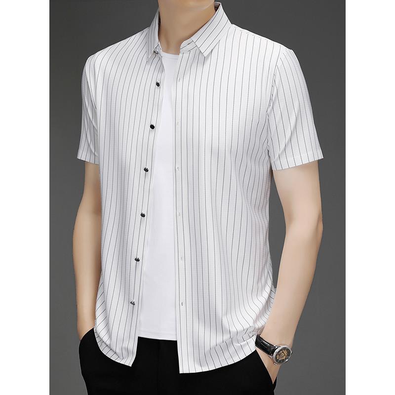 冰丝短袖衬衫男夏季竖条纹商务休闲衬衣中青年半袖无痕上衣打底衫