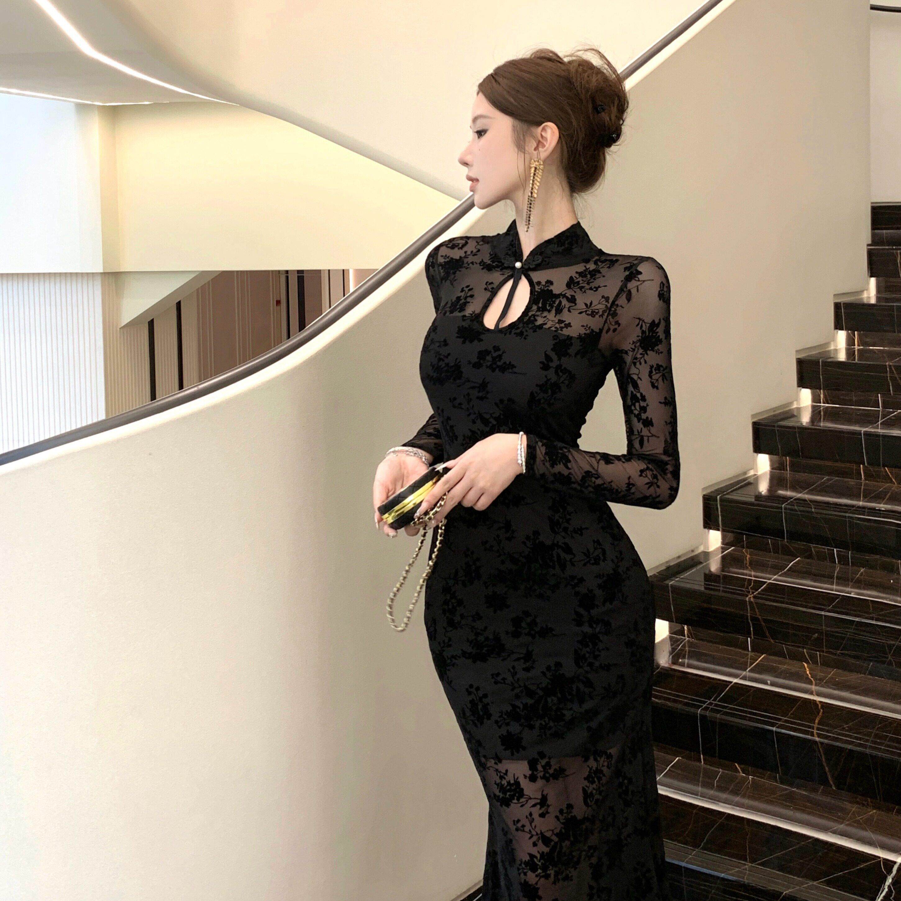 直播衣服女主播上镜年轻款性感网纱拼接黑色中长款改良旗袍连衣裙