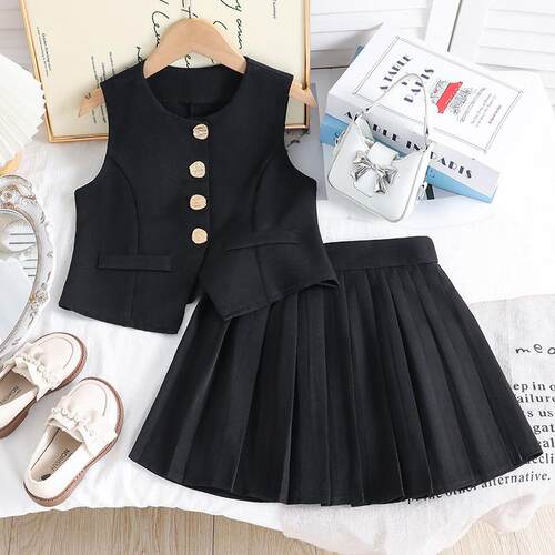 Children's clothing, girls' suit, vest, top, pleated