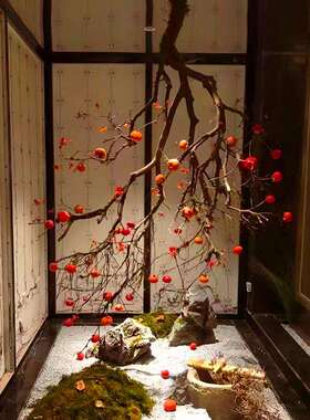 日式柿子树装饰假树绿植大型仿真造景吊顶壁挂吊挂挂件倒挂天花板