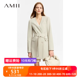 Amii2024春通勤风V领撞料拼接假两件西装女配腰带垫肩上衣