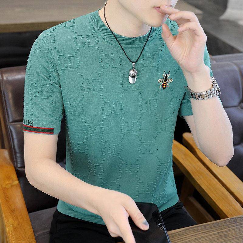 小蜜蜂冰丝短袖t恤男夏季修身圆领薄款潮流针织提花速干男士半袖