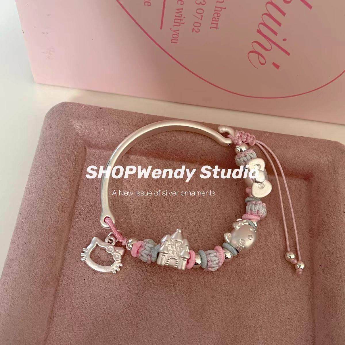 SHOPWendy | 足银999可爱卡通kitty城堡蝴蝶结编绳手镯可调节