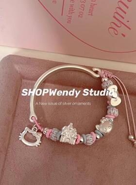 SHOPWendy | 足银999可爱卡通kitty城堡蝴蝶结编绳手镯可调节
