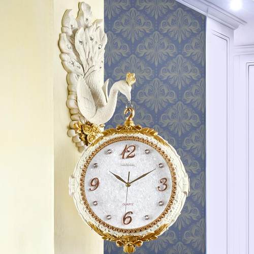 l式1AXYs欧双面挂钟家用客厅时静尚创意个性孔雀装饰艺现代术音