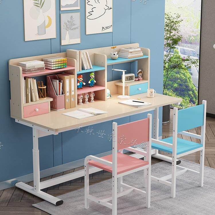儿童学习桌椅双人可升降小学生书桌简约写字桌带书架女孩家用课桌