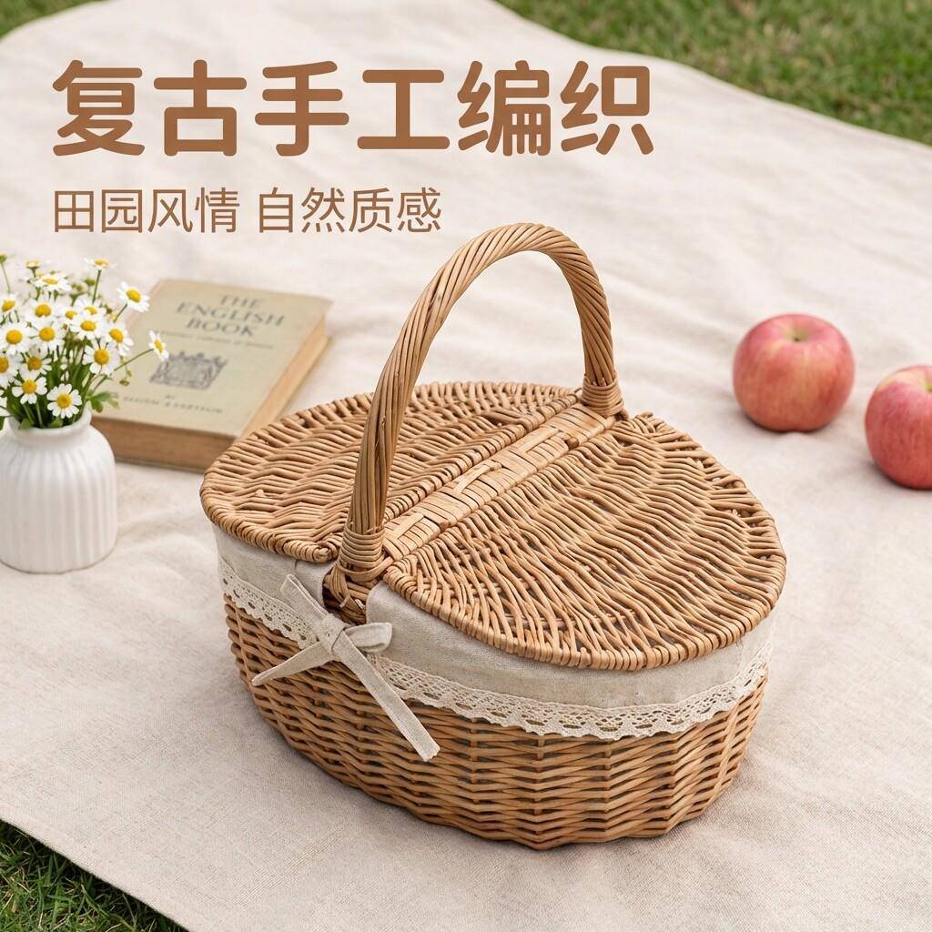 带盖子保温野餐篮子藤编手提篮水果篮购物篮收纳筐编织篮菜篮采摘