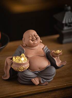 陶瓷招财弥勒佛茶宠摆件客厅茶室紫砂如意元宝大肚笑佛桌面装饰品