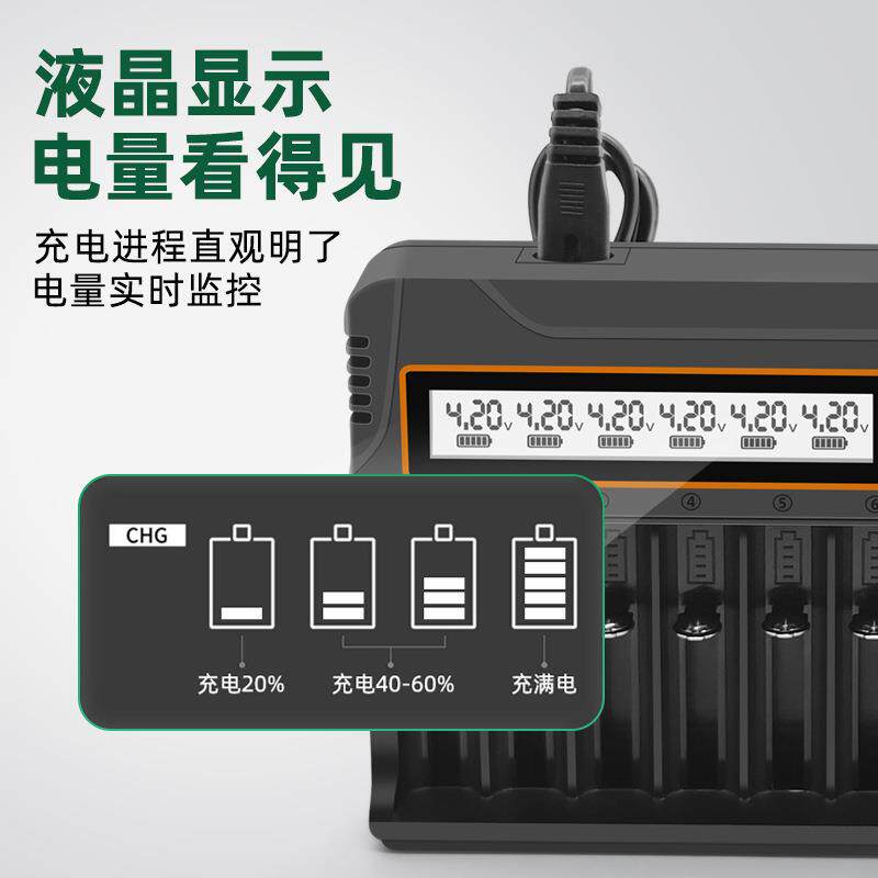 18650充电器aa.aaa镍氢电池1.2v-3.7v通用智能充电器十二槽显示屏