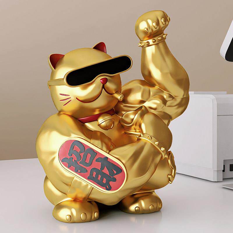 招财猫摆件新店开 业礼物麒麟臂肌肉发财猫八方来财存钱罐繁花同