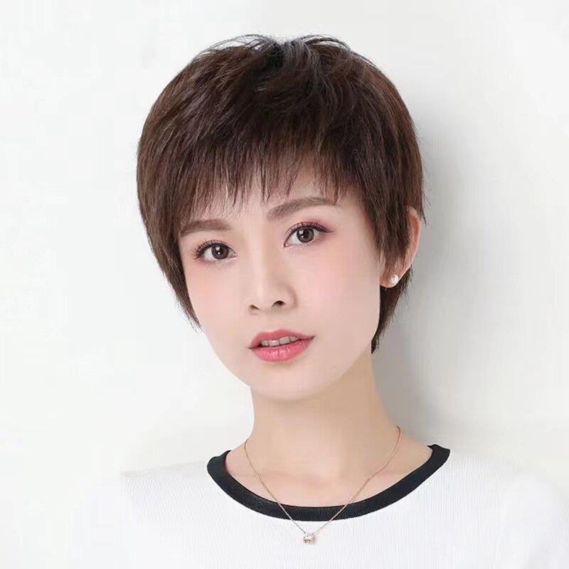 夏季轻薄款假发女士短发斜浏海真人发丝时尚短发自然透气假发套