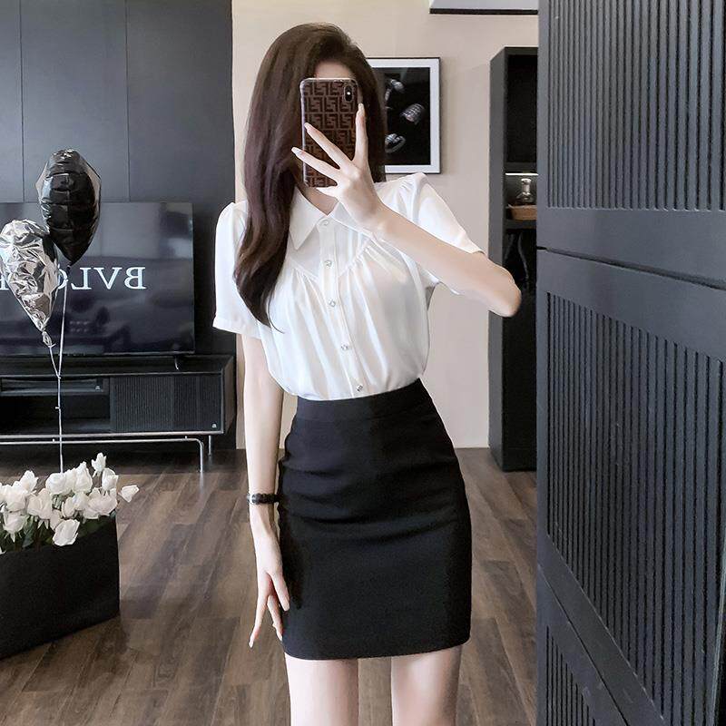 医美前台工作装收银职业套装售楼部工装女衬衣包裙两件套工作服夏