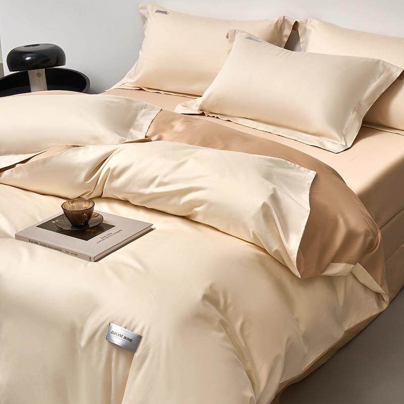 简约风60S长绒棉四件套轻奢纯色双拼被套床单纯棉1.8m床上用品