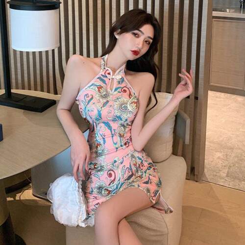 主播服装夜场复古中国风印花性感露背短款挂脖旗袍改良版连衣裙