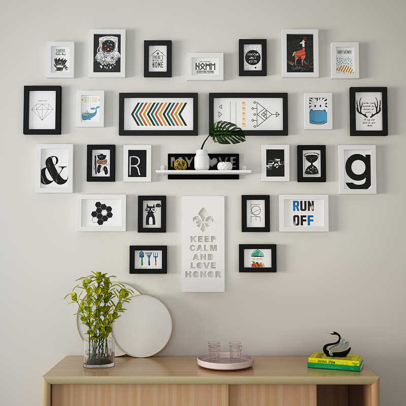 实木_8292心形创意照片墙现代装饰画卧室装饰相框组合能换相片