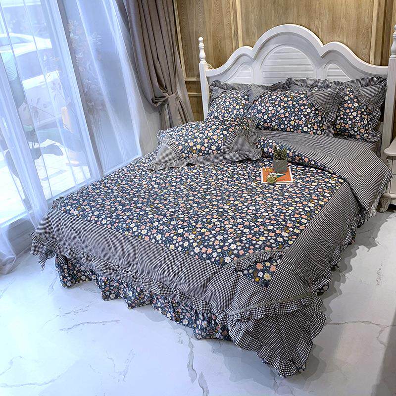 深蓝色小碎花格子控圆角韩式大床单四件套