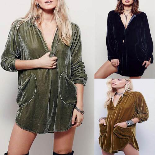 Women's Velvet Button-Up T-Shirt Dress with Pockets