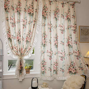 飘窗荷叶奶油色风小美玫瑰大式 复古卧室花印花半宫廷帘窗帘边法式