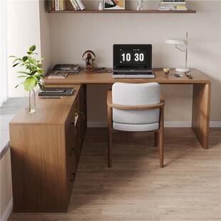 家用型电脑桌简约办公桌全实木双人转角书桌书柜一体半包围桌子